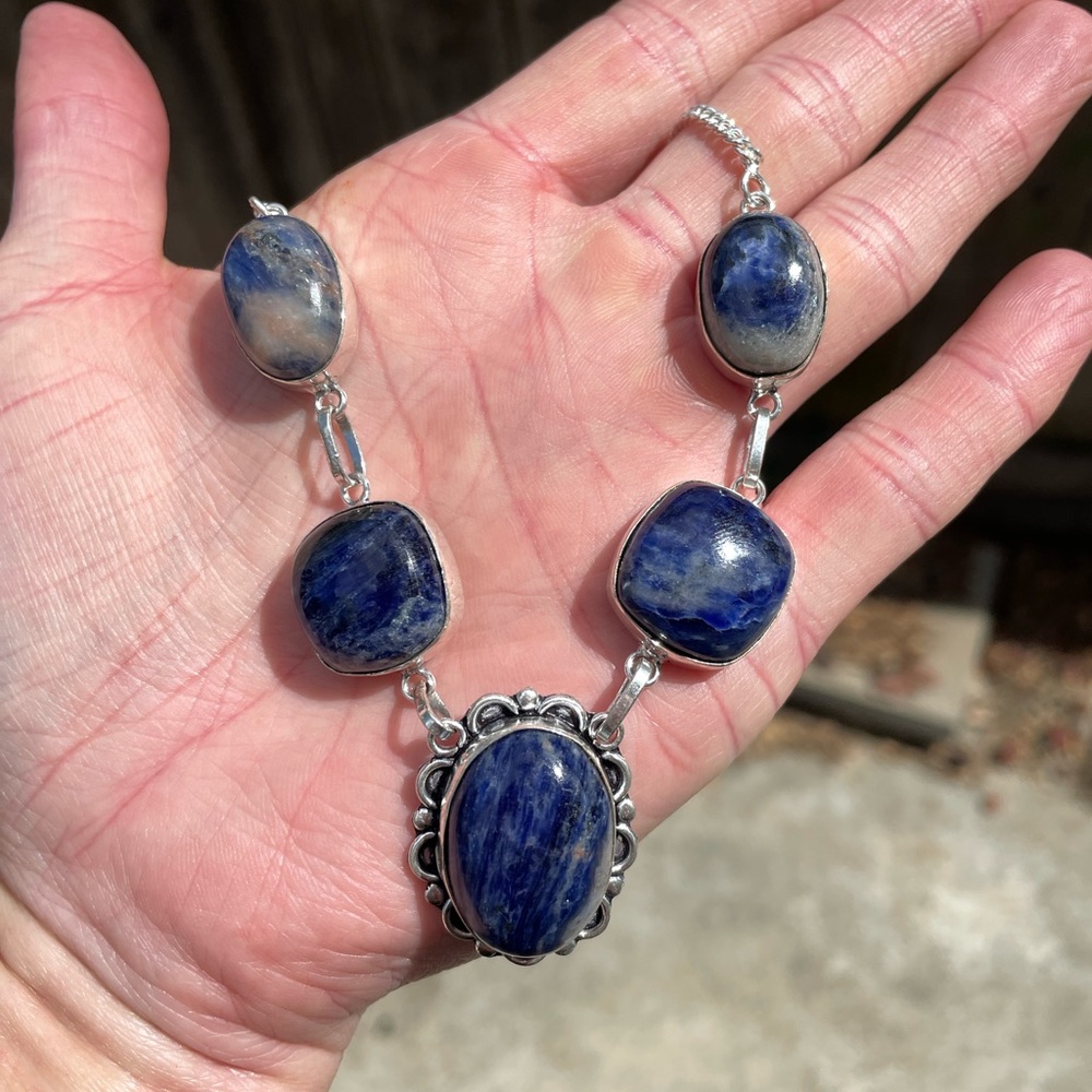 😵 Navy Blue Sodalite pendant necklace Victorian Gothic medallion 925 plate